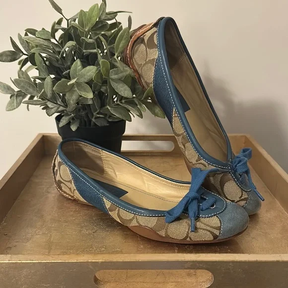 Coach Blue and Tan Flats with Signature Pattern - Picture 2 of 7
